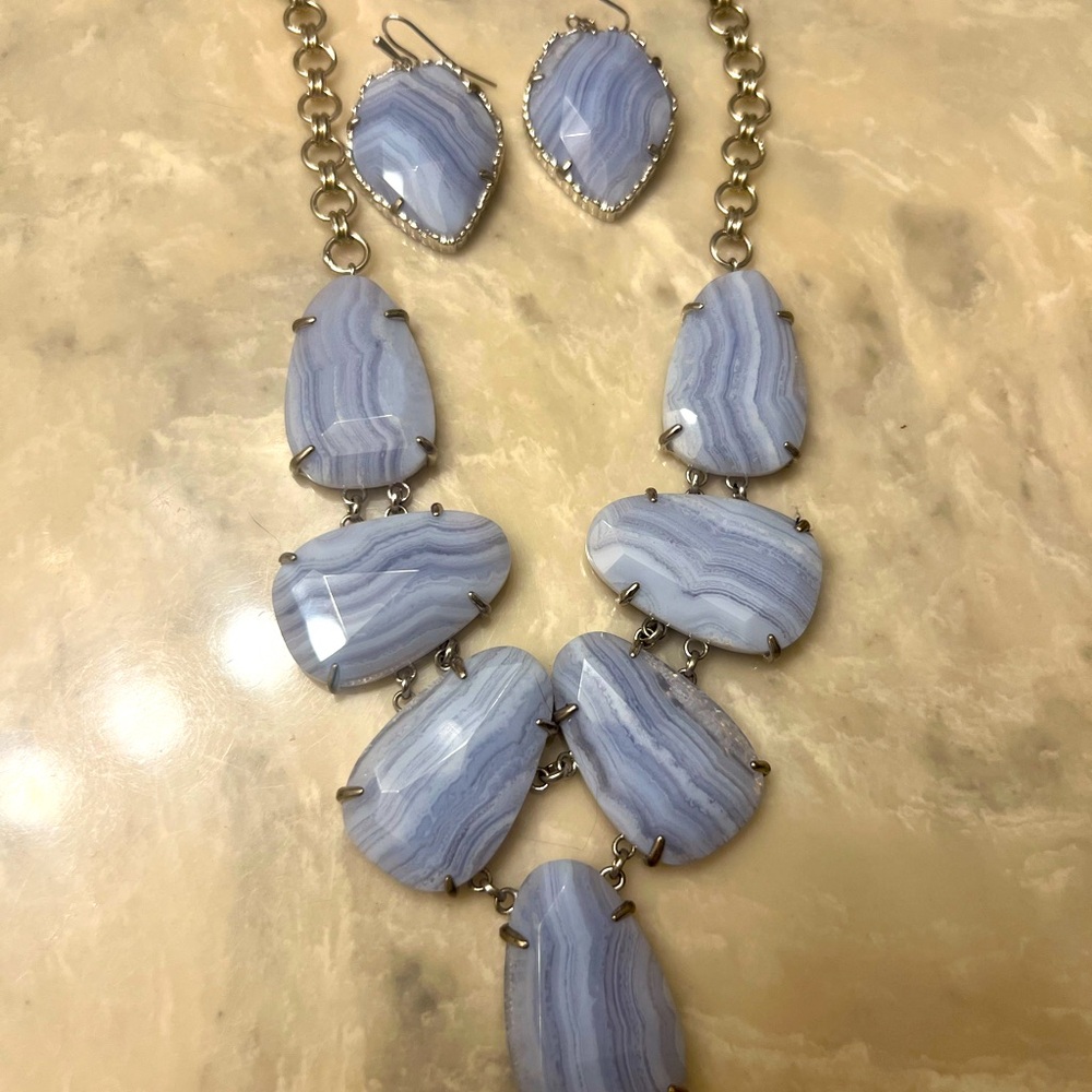 Kendra Scott Rhodium Harlie necklace and Corley set in Blue Lace Agate